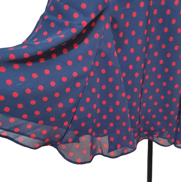 Chaps | Midi skirt solid lined sheer flare navy blue red polka dots size S - Picture 5 of 8